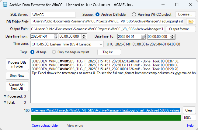 Archive Data Extractor for WinCC exporting an archive, showing progress per tag