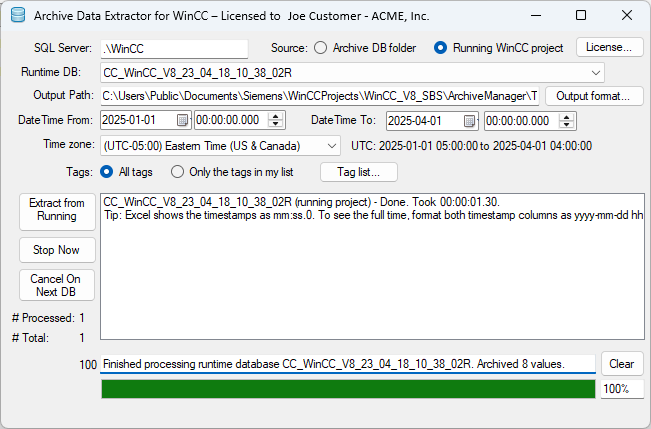 Main window with the Running WinCC project source selected