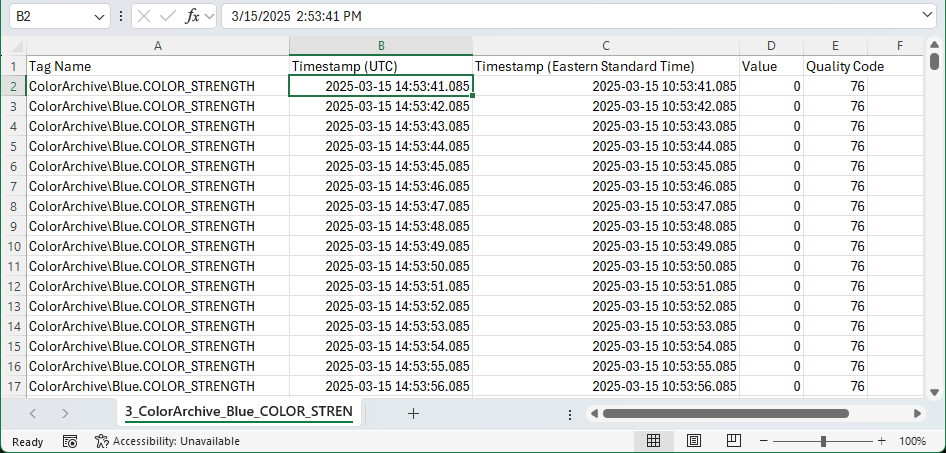 An exported CSV file opened in Excel, showing tag name, UTC and local timestamps, value and quality code